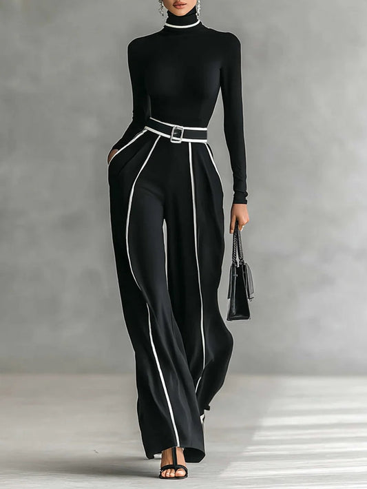 Aria - Sophisticated Contrast Trim High-Neck Wide-Leg Set