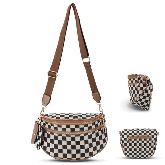 Ounamei Checkered Crossbody Bum Bag for Women Large Capacity Belt Bag for Moms & Everyday Travel
