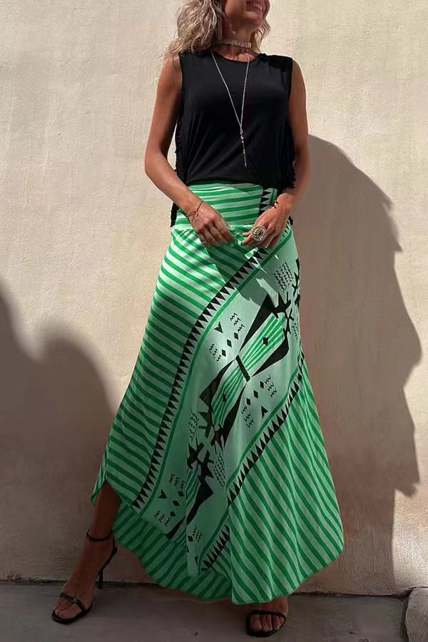 Eva - Radiant Geometric Satin Elastic Maxi Skirt