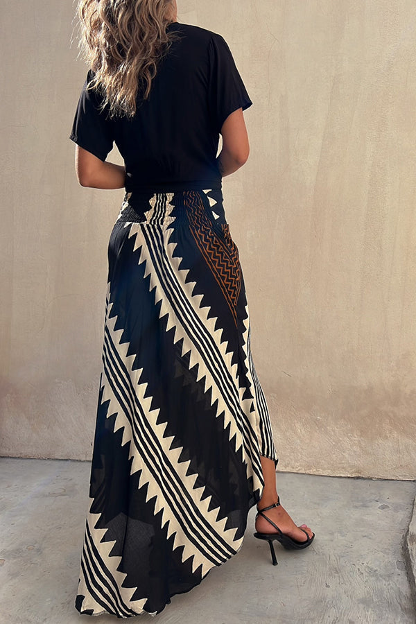 Eva - Radiant Geometric Satin Elastic Maxi Skirt