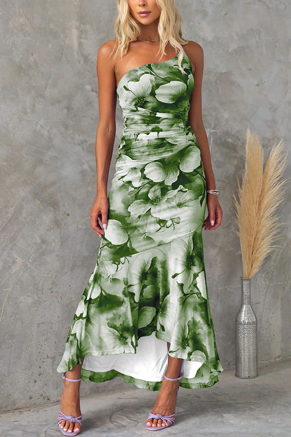 Floral One Shoulder Mesh Maxi Dress