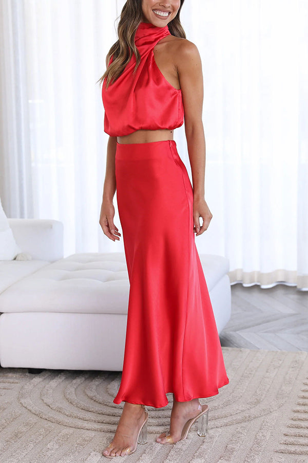 Radiant Glamour High Neck Satin Drape Maxi Skirt Set