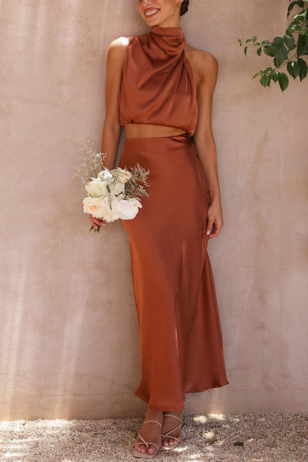 Radiant Glamour High Neck Satin Drape Maxi Skirt Set