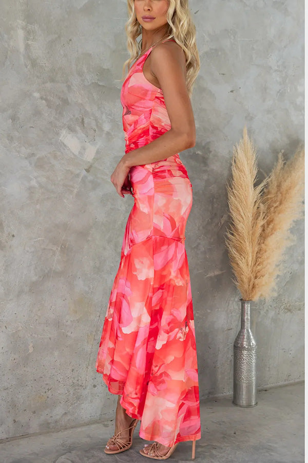 Floral One Shoulder Mesh Maxi Dress