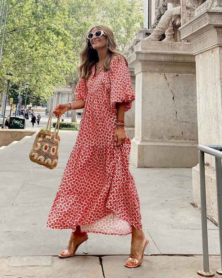 Vacation Style Puff Sleeve Tiered Midi Dress