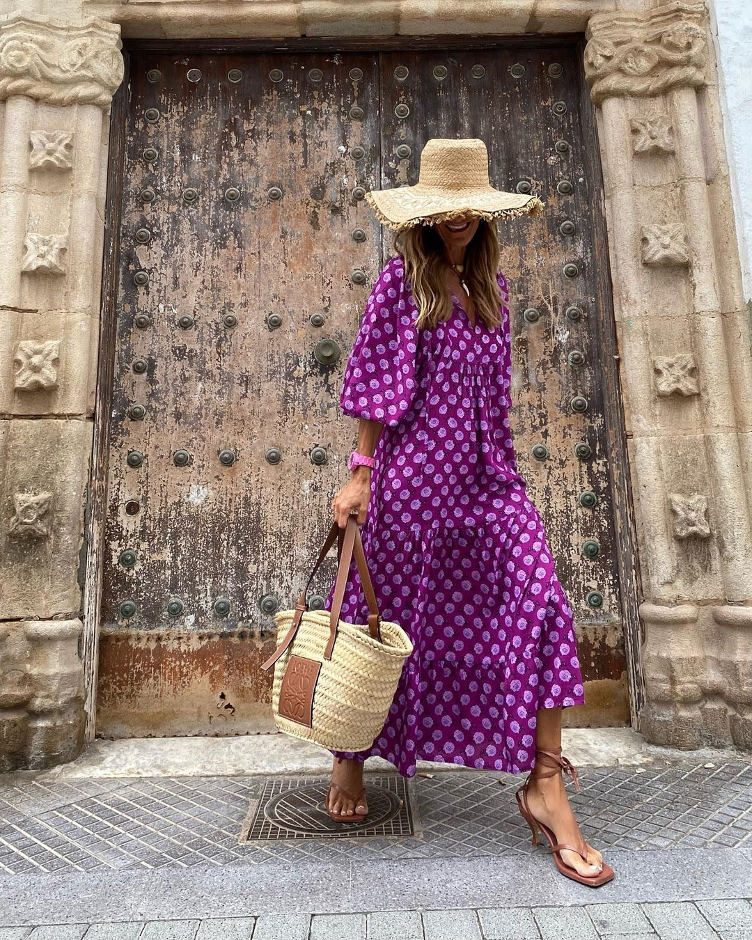 Vacation Style Puff Sleeve Tiered Midi Dress