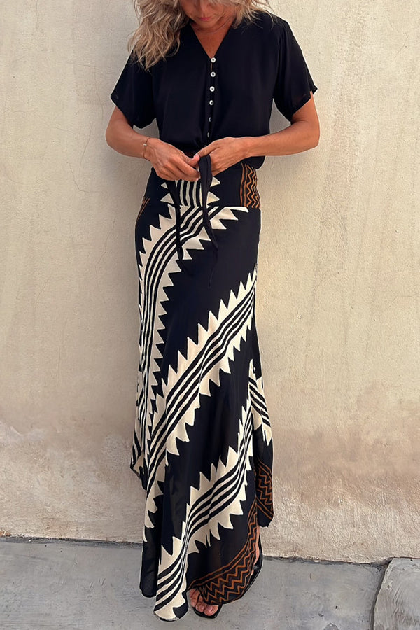 Eva - Radiant Geometric Satin Elastic Maxi Skirt