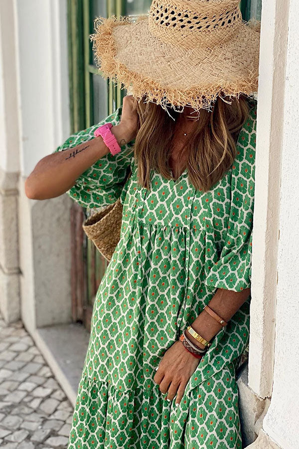 Vacation Style Puff Sleeve Tiered Midi Dress