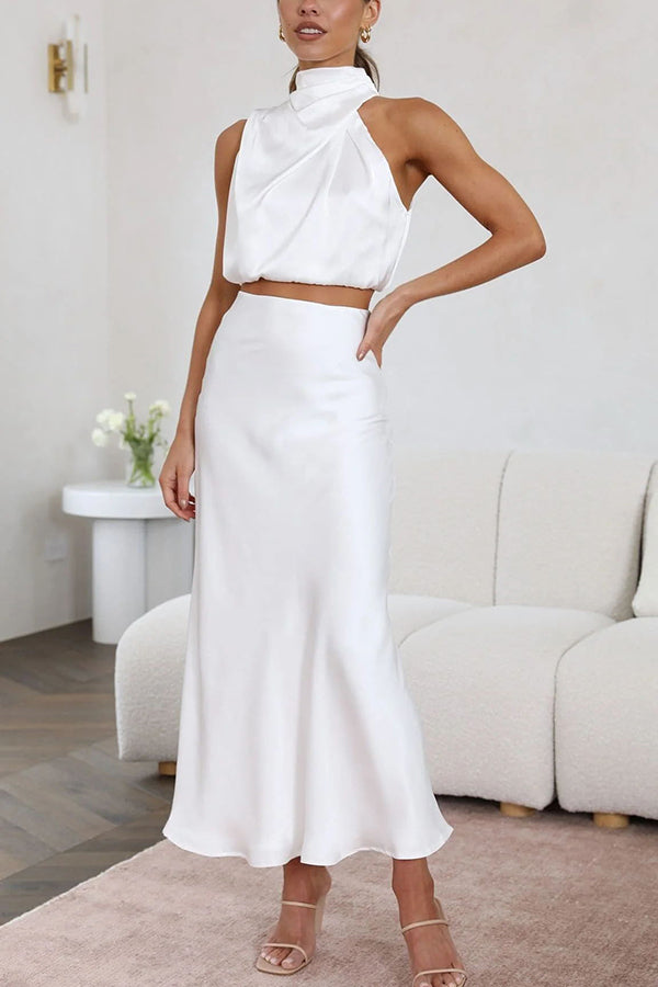 Radiant Glamour High Neck Satin Drape Maxi Skirt Set