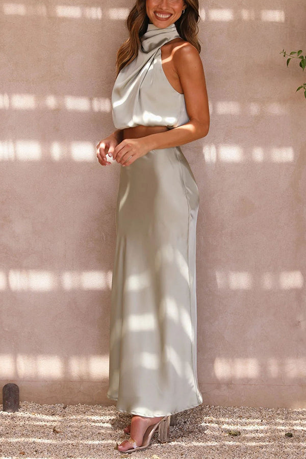 Radiant Glamour High Neck Satin Drape Maxi Skirt Set