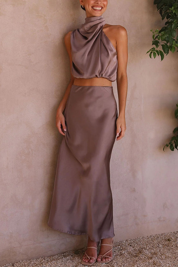Radiant Glamour High Neck Satin Drape Maxi Skirt Set