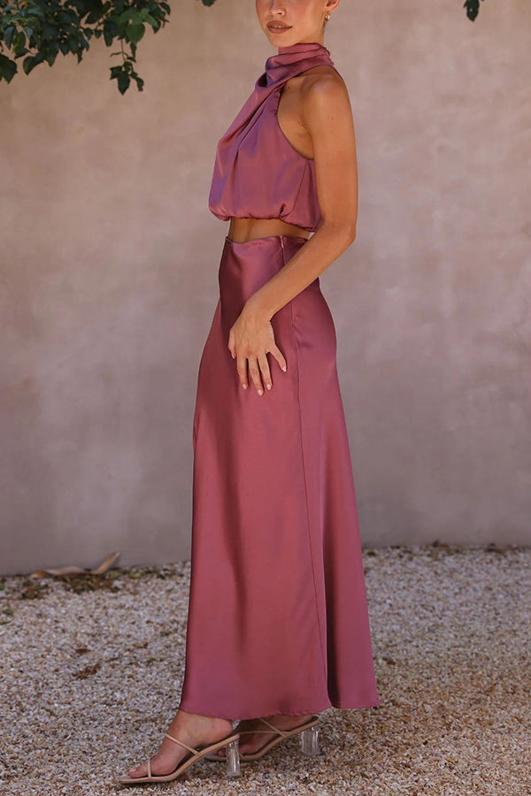 Radiant Glamour High Neck Satin Drape Maxi Skirt Set