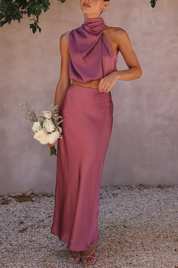 Radiant Glamour High Neck Satin Drape Maxi Skirt Set