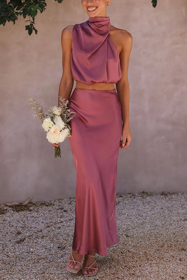 Radiant Glamour High Neck Satin Drape Maxi Skirt Set