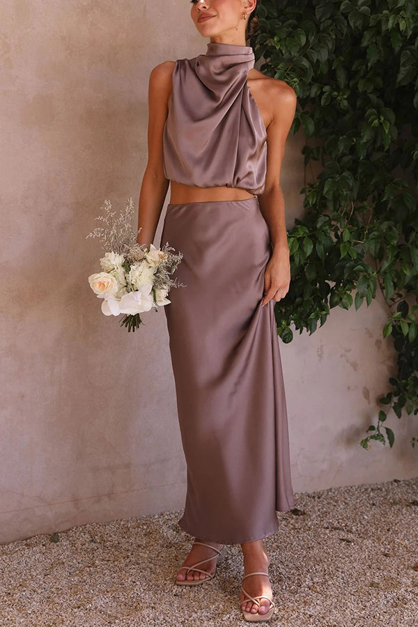 Radiant Glamour High Neck Satin Drape Maxi Skirt Set