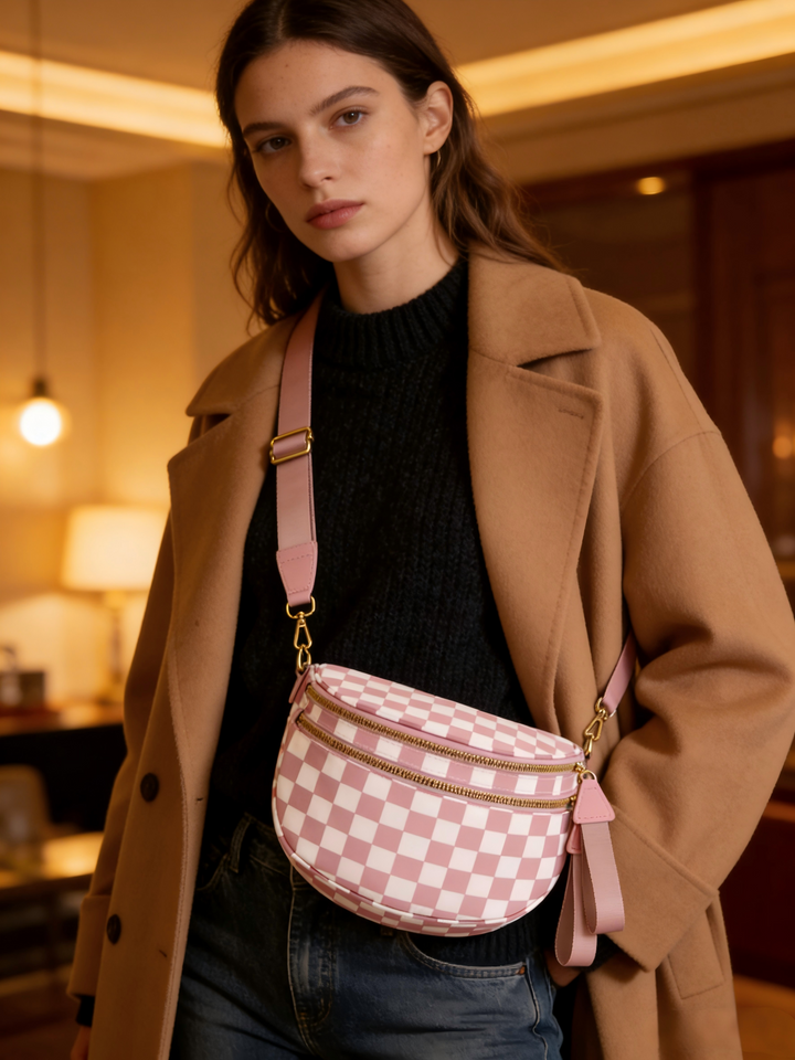 Ounamei Checkered Crossbody Bum Bag for Women Large Capacity Belt Bag for Moms & Everyday Travel