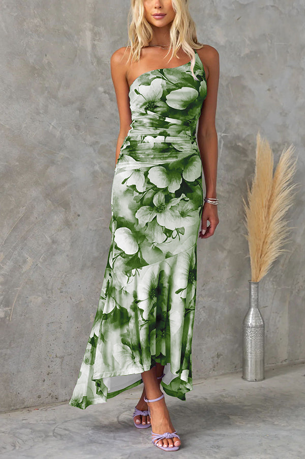 Floral One Shoulder Mesh Maxi Dress
