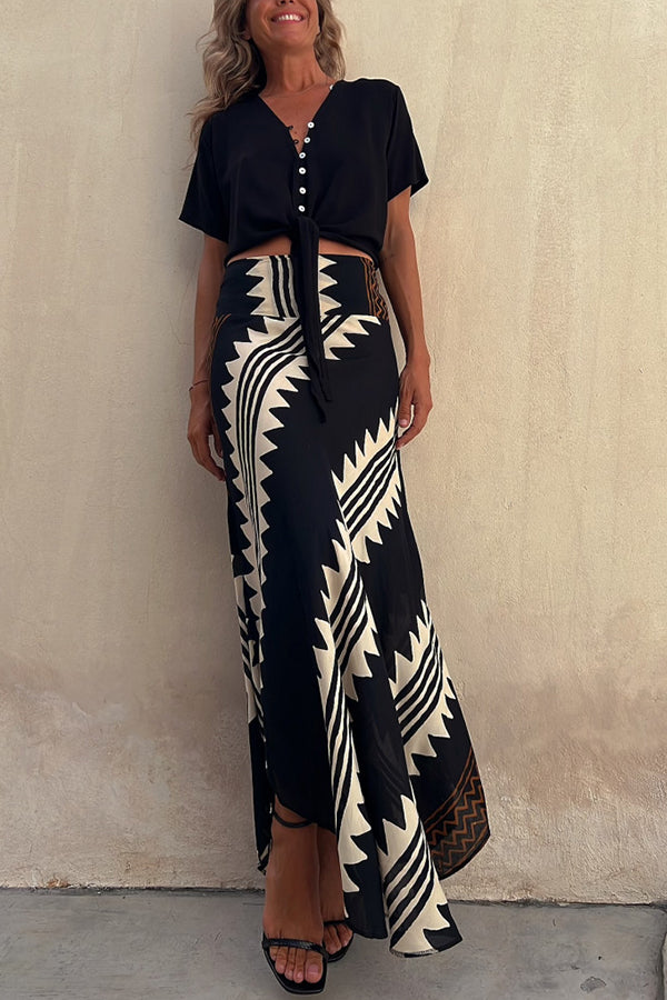 Eva - Radiant Geometric Satin Elastic Maxi Skirt