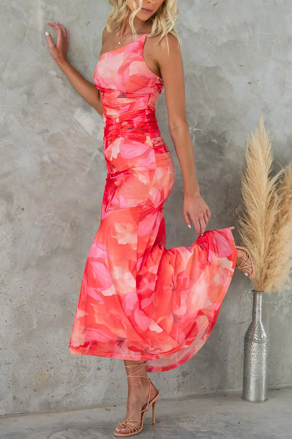 Floral One Shoulder Mesh Maxi Dress