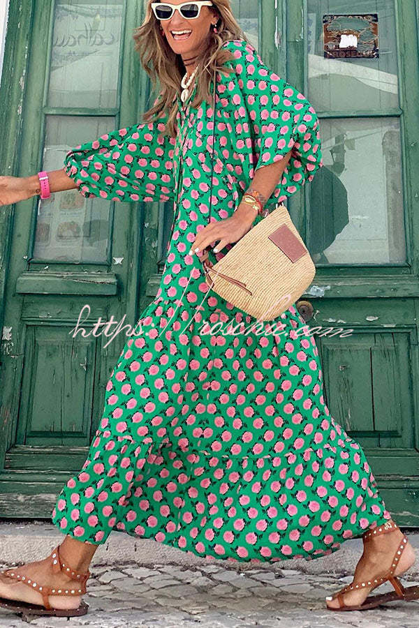Vacation Style Puff Sleeve Tiered Midi Dress