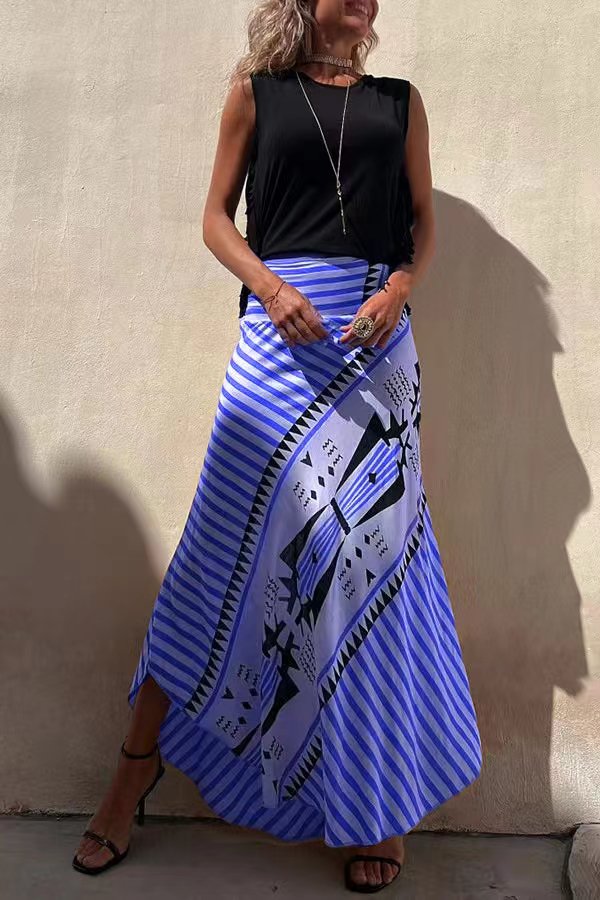 Eva - Radiant Geometric Satin Elastic Maxi Skirt