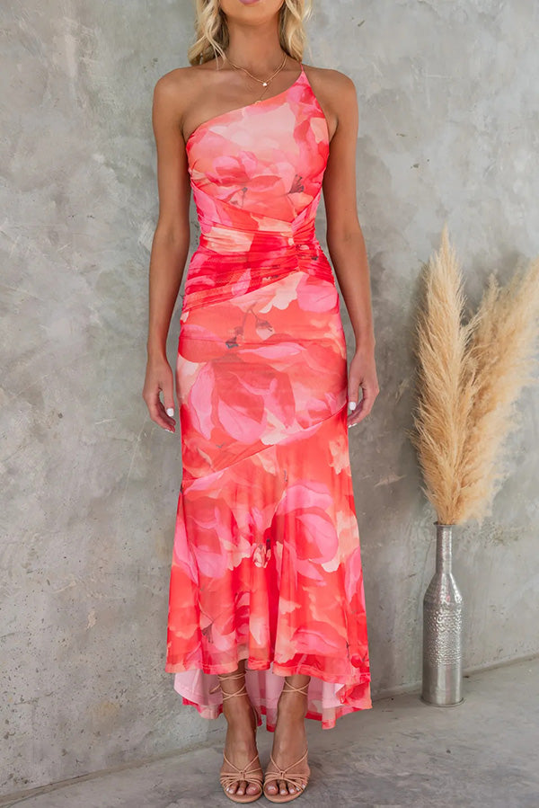 Floral One Shoulder Mesh Maxi Dress