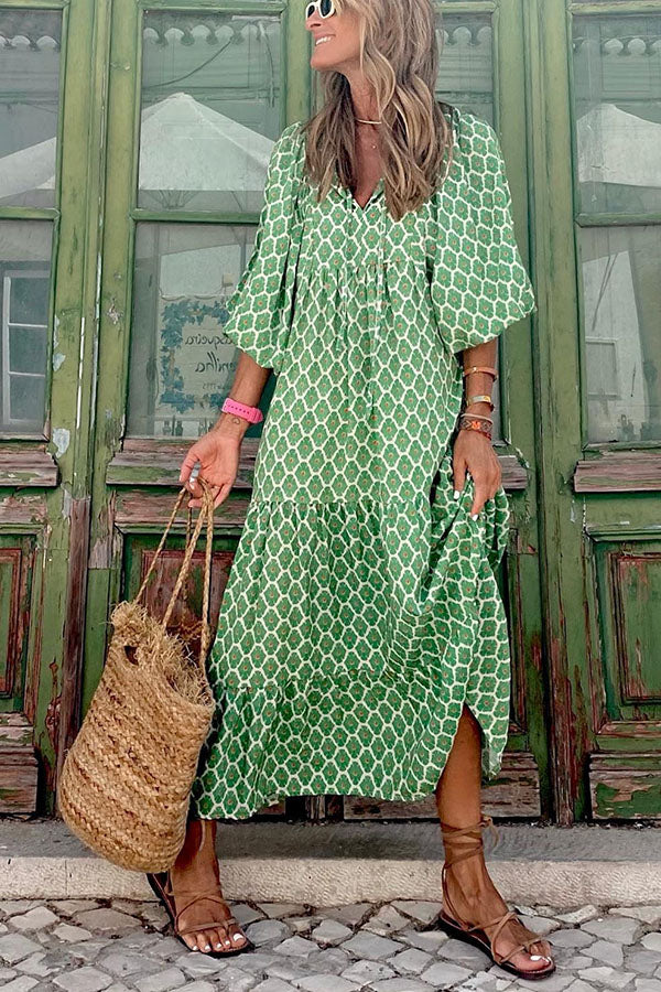 Vacation Style Puff Sleeve Tiered Midi Dress