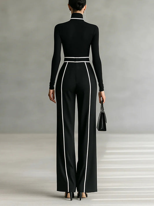 Aria - Sophisticated Contrast Trim High-Neck Wide-Leg Set