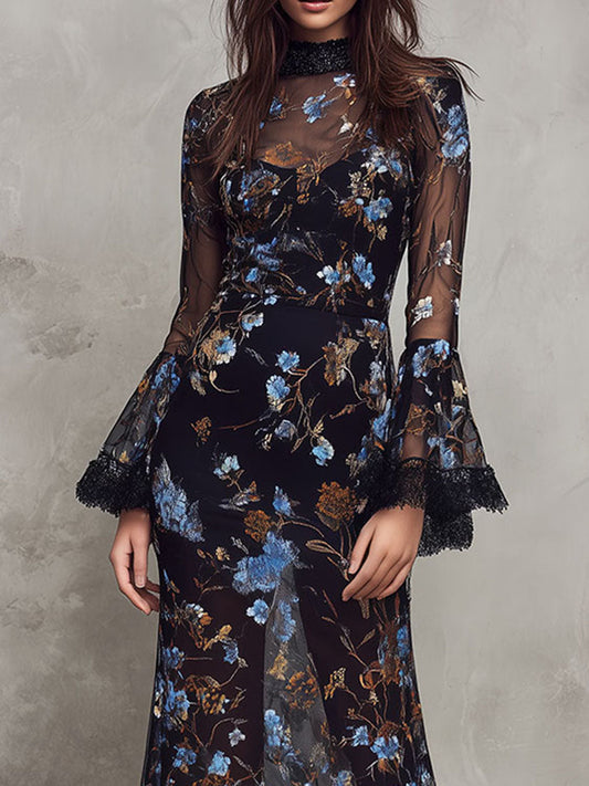Black Floral Sheer Maxi Dress High Neck