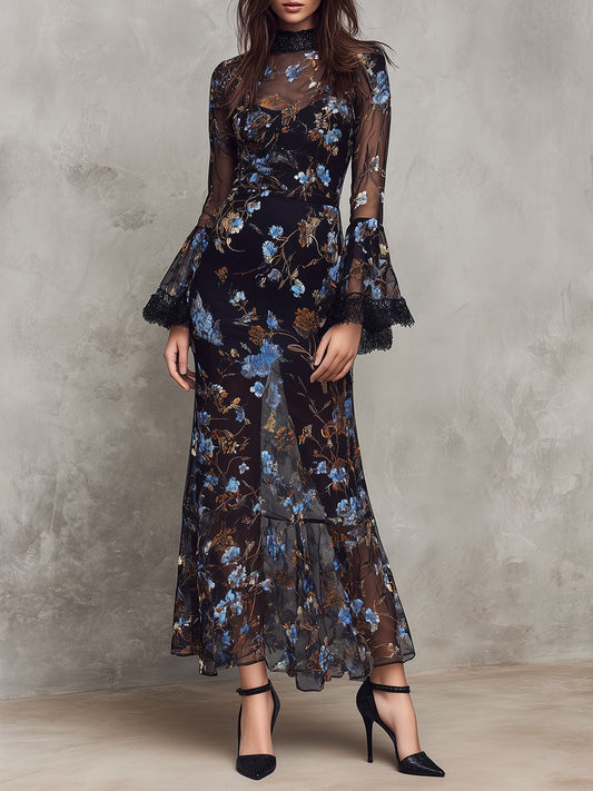 Black Floral Sheer Maxi Dress High Neck