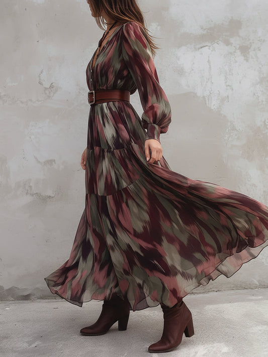 Boho Abstract Belted Chiffon Maxi Dress
