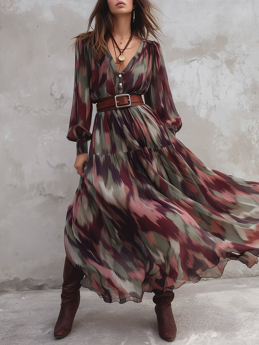 Boho Abstract Belted Chiffon Maxi Dress