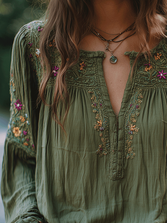 Boho Floral Embroidered Olive Shirt
