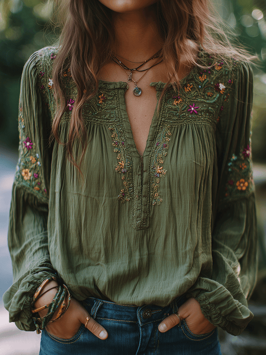 Boho Floral Embroidered Olive Shirt