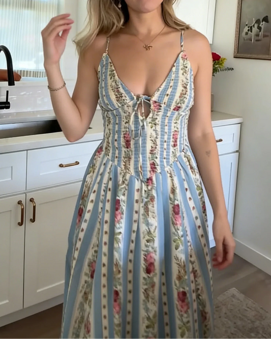 Boho Striped Floral V Neck Maxi Dress