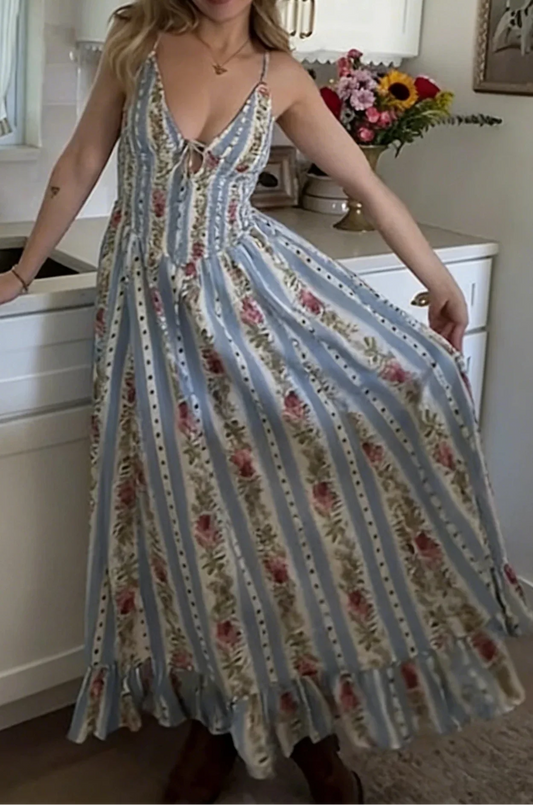 Boho Striped Floral V Neck Maxi Dress
