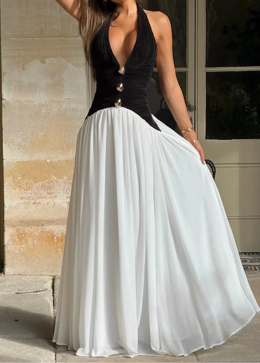 Chic Black White Gold Button Maxi Dress