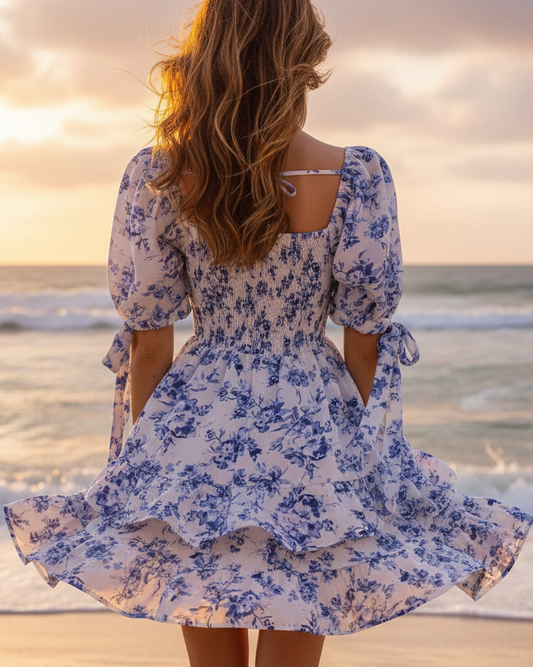 Chic Blue Floral Smocked Mini Dress