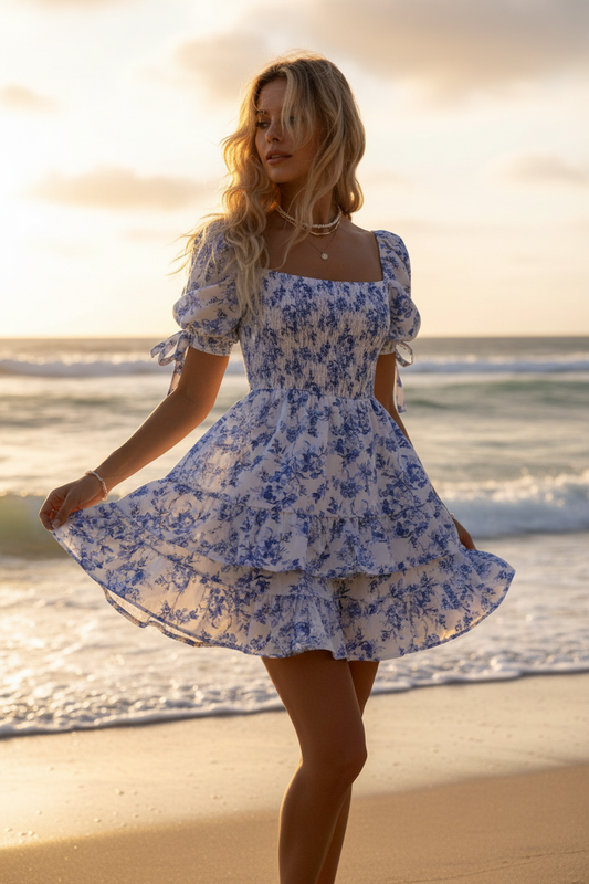 Chic Blue Floral Smocked Mini Dress