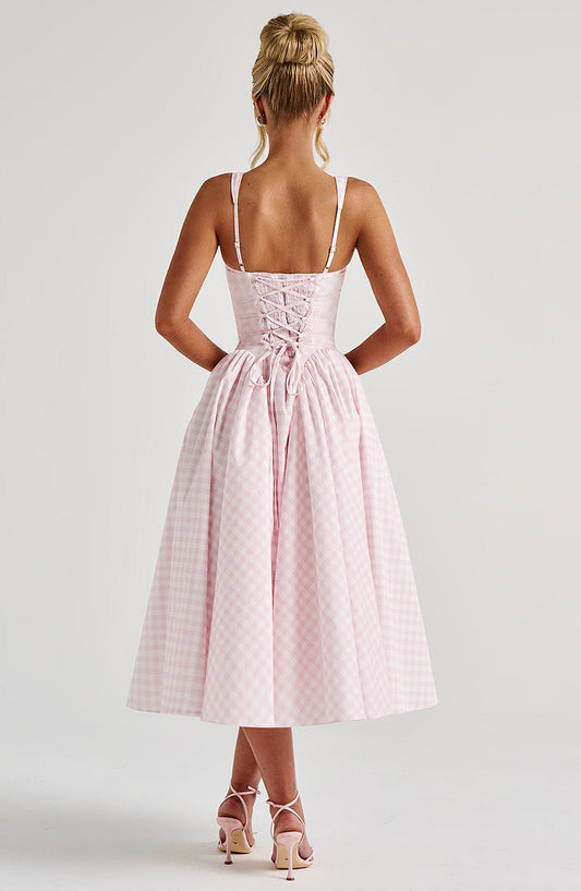 Chic Blush Gingham Midi Dress