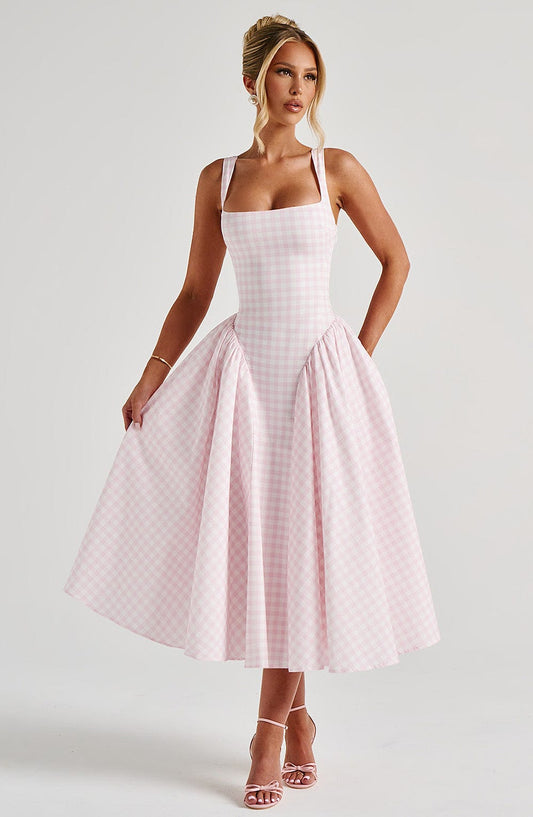 Chic Blush Gingham Midi Dress