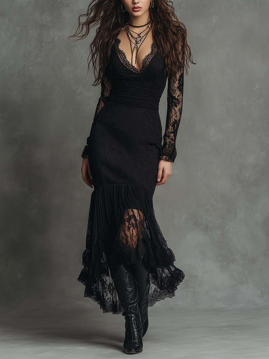 Elegant Black Lace Pleated Maxi Dress