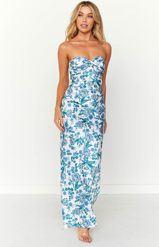 Elegant Blue Floral Formal Maxi Dress