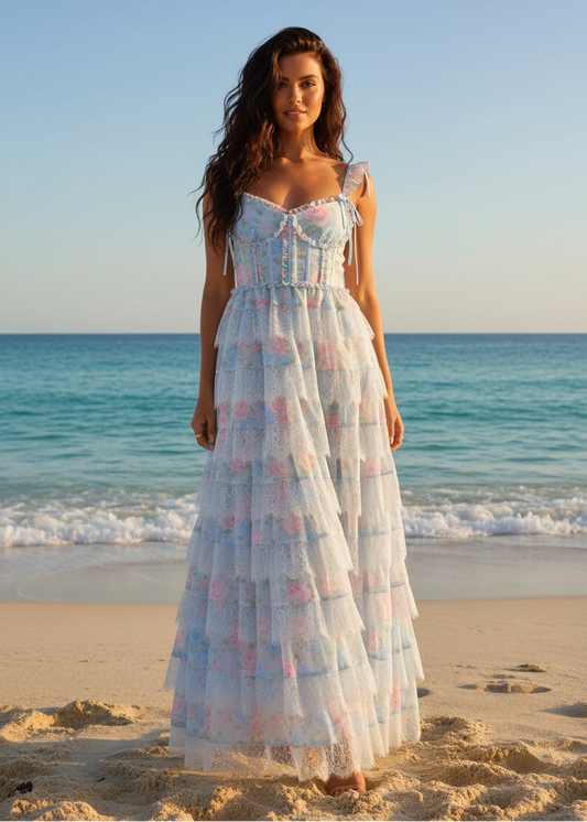 Ethereal Floral Tulle Corset Maxi Dress