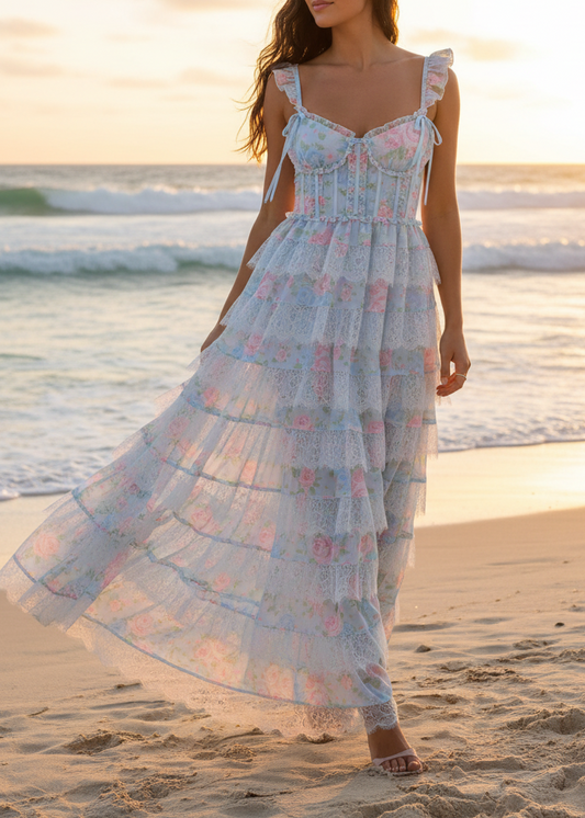 Ethereal Floral Tulle Corset Maxi Dress