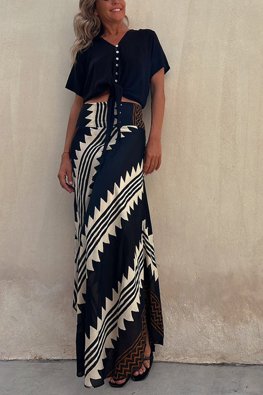 Eva - Radiant Geometric Satin Elastic Maxi Skirt