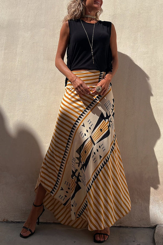 Eva - Radiant Geometric Satin Elastic Maxi Skirt