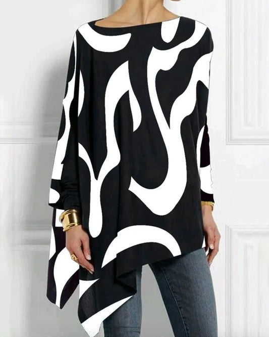 Flowy Black White Wave Long Sleeve Top