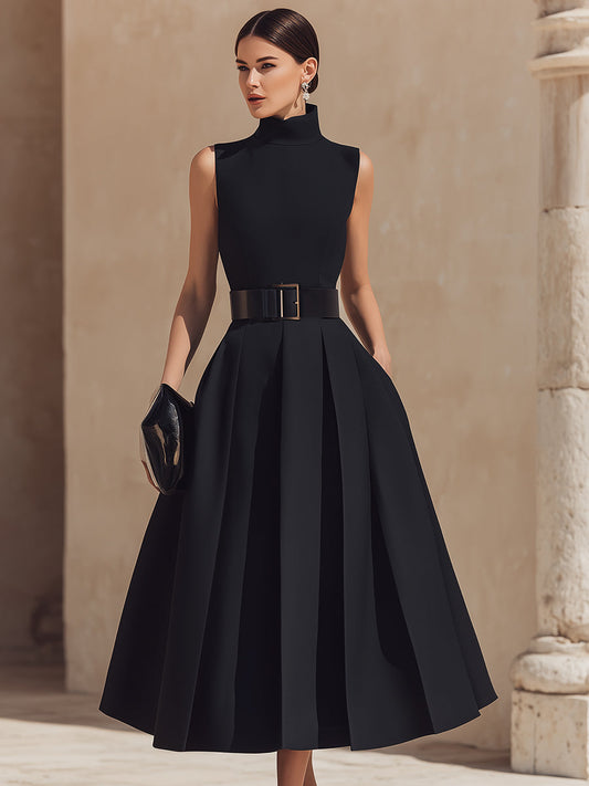High Neck Pleated Midi Dress with Belt