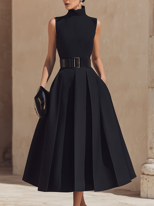 High Neck Pleated Midi Dress with Belt
